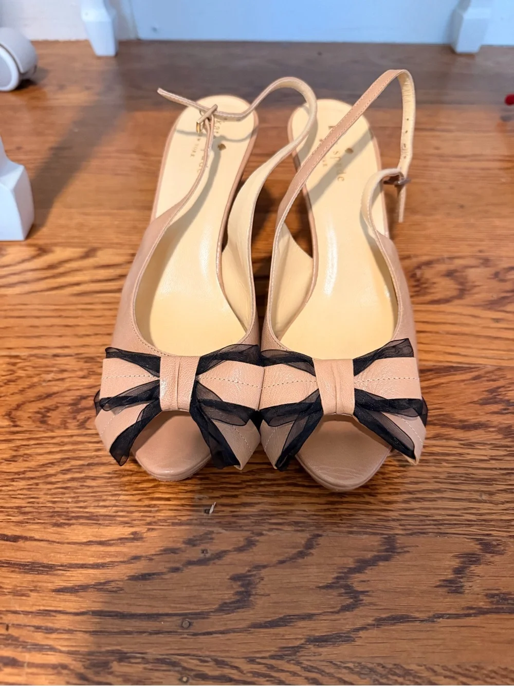 kate spade Nude Peep-Toe Slingback Heels with Black Bow